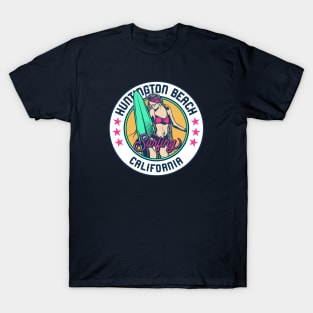 Retro Surfer Babe Badge Huntington Beach California T-Shirt